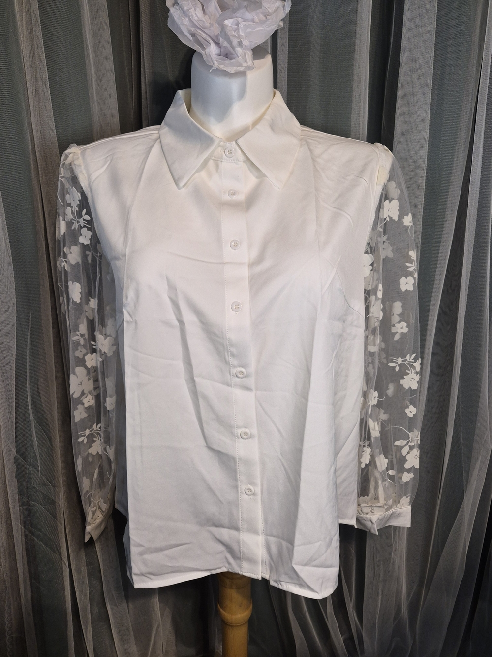 White Button-Front Blouse with Sheer Floral Sleeves